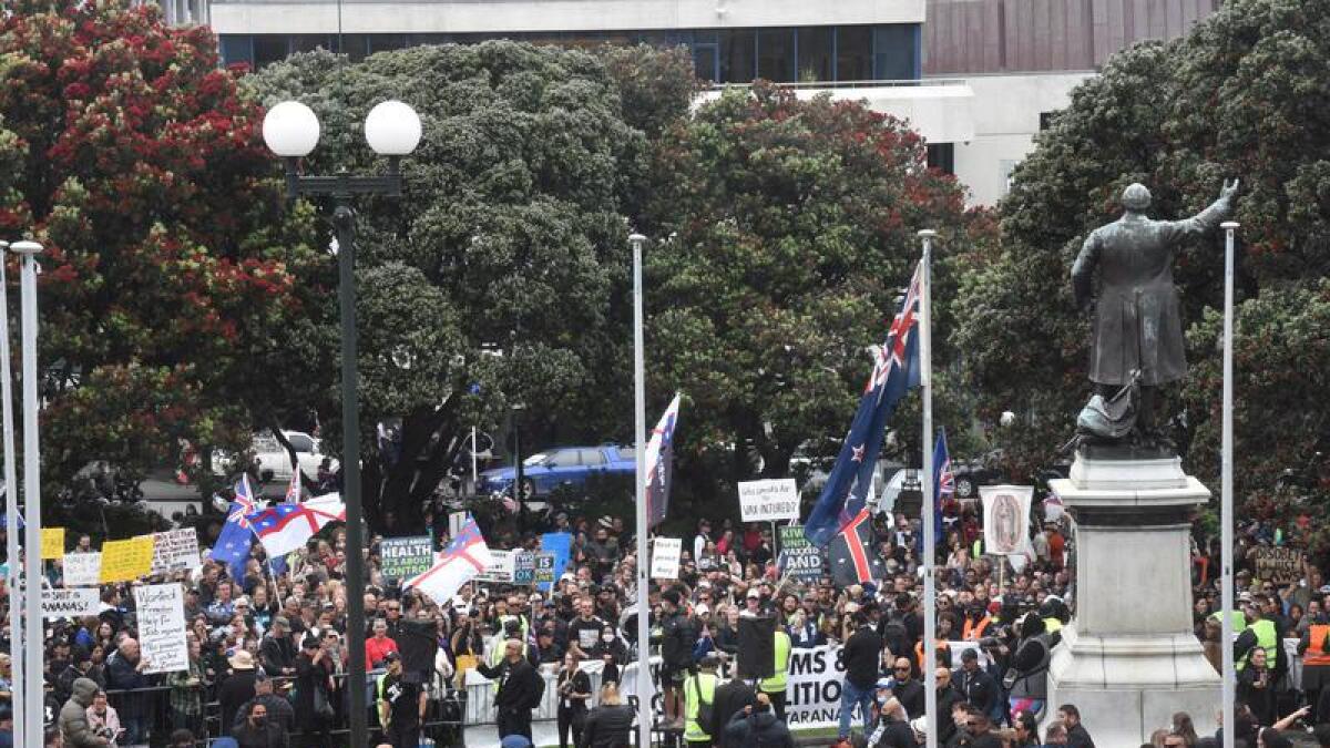 Anti-vaccination protests in Wellington, New Zealand.