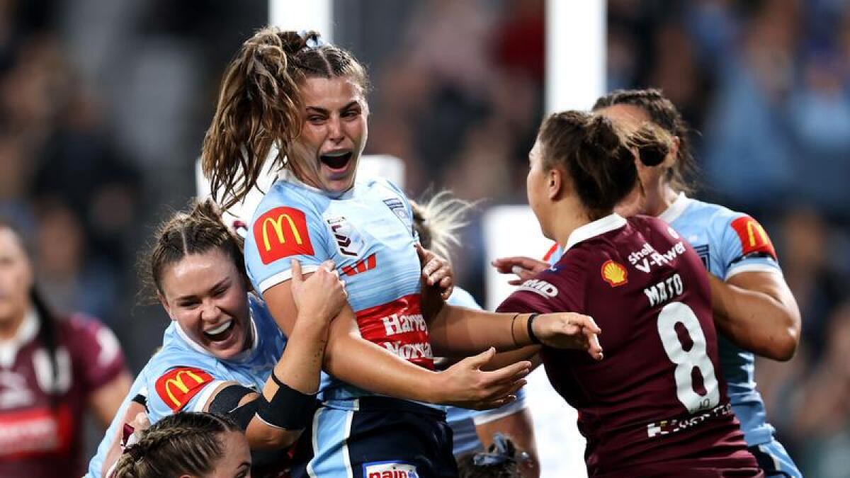 Jess Sergis celebrates a try for NSW. 