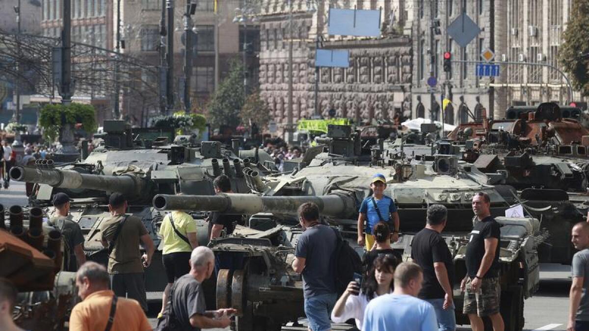 Captured Russian military vehicles on display in Ukraine's capital.