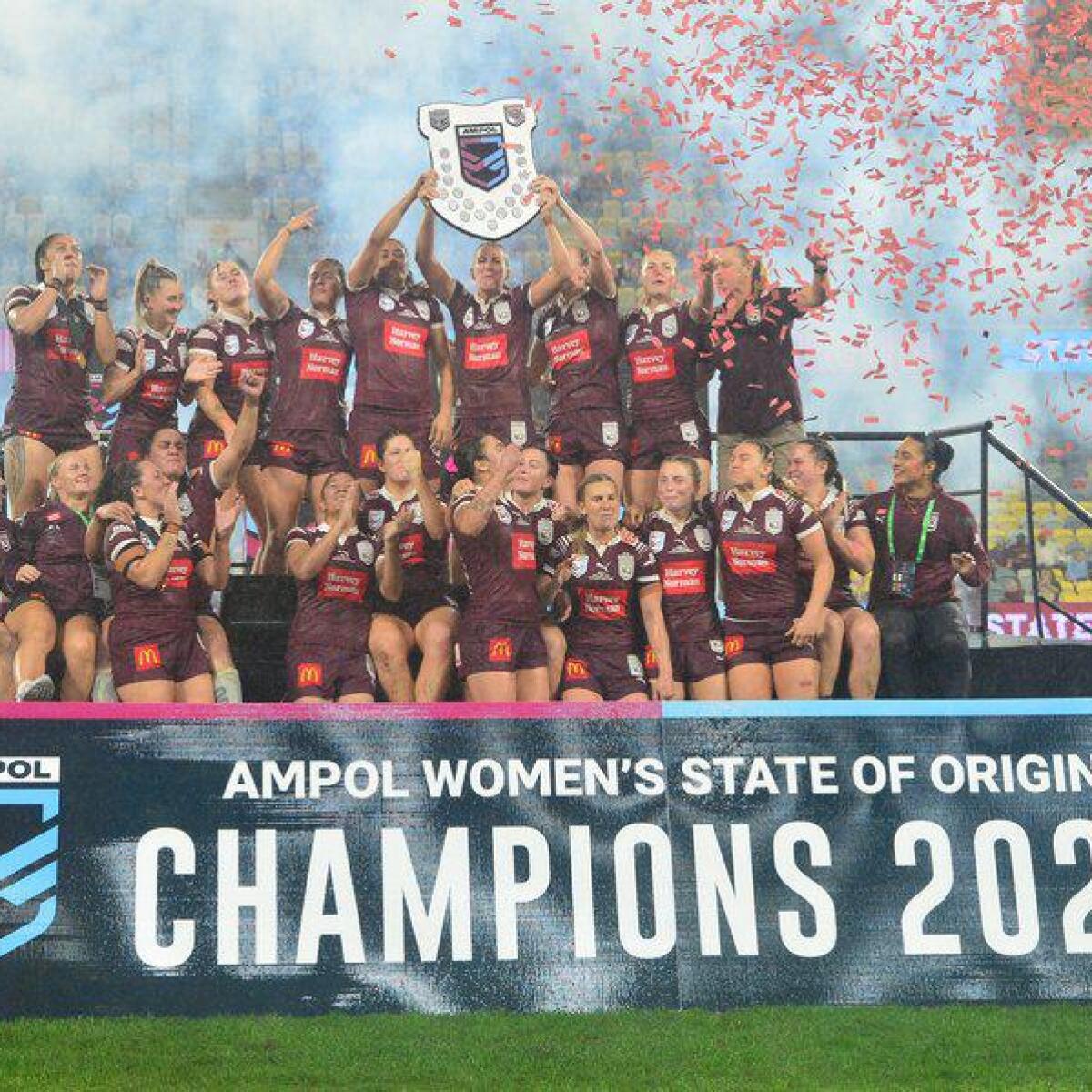 Queensland hoist the 2024 State of Origin trophy.
