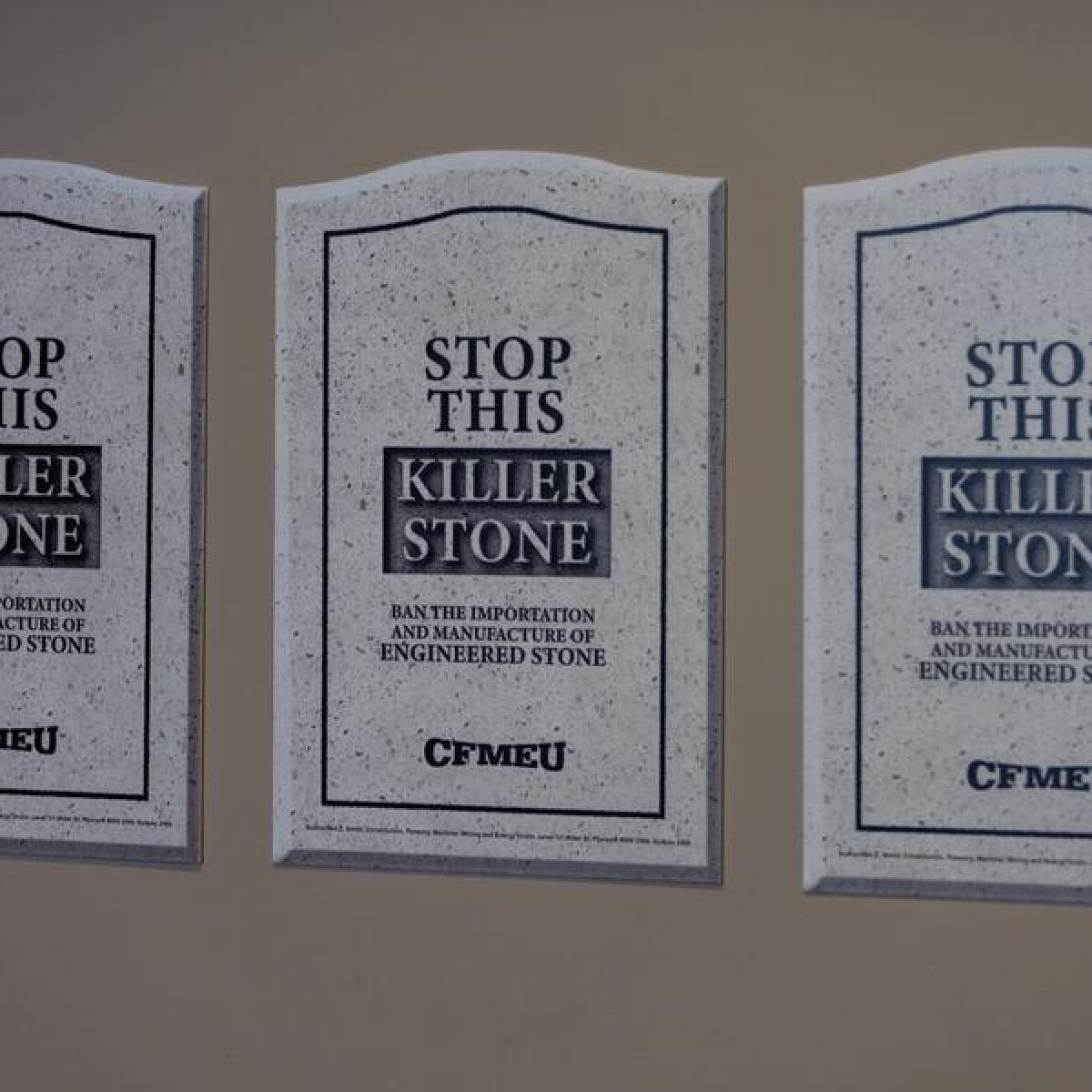 “Stop This Killer Stone” signs at a CFMEU media conference