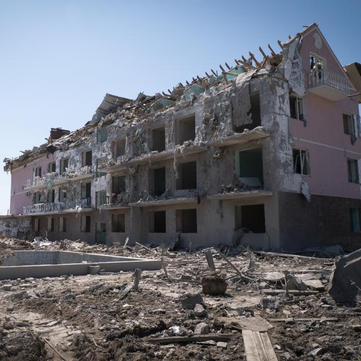 A damaged residential building in the town of Serhiivka