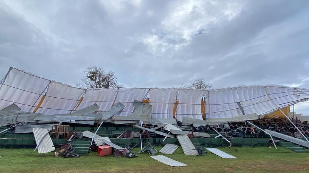 Collapsed stadium roof in Galle.