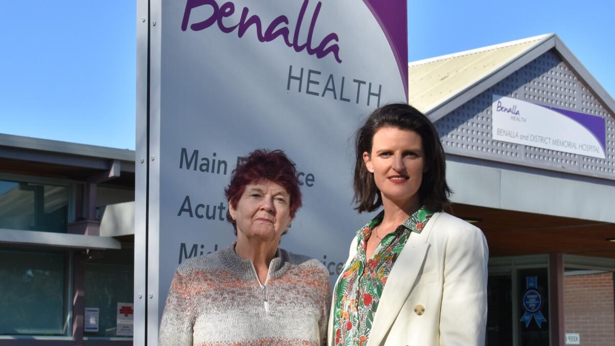 Nationals candidate for the State seat of Euroa Annabelle Cleeland (right) with Devenish's June Howard who is currently having to travel to Wangaratta three times a week for dialysis treatment.