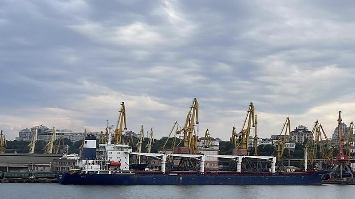 A cargo ship carrying 26,000 tonnes of Ukrainian grain leaves Odessa.
