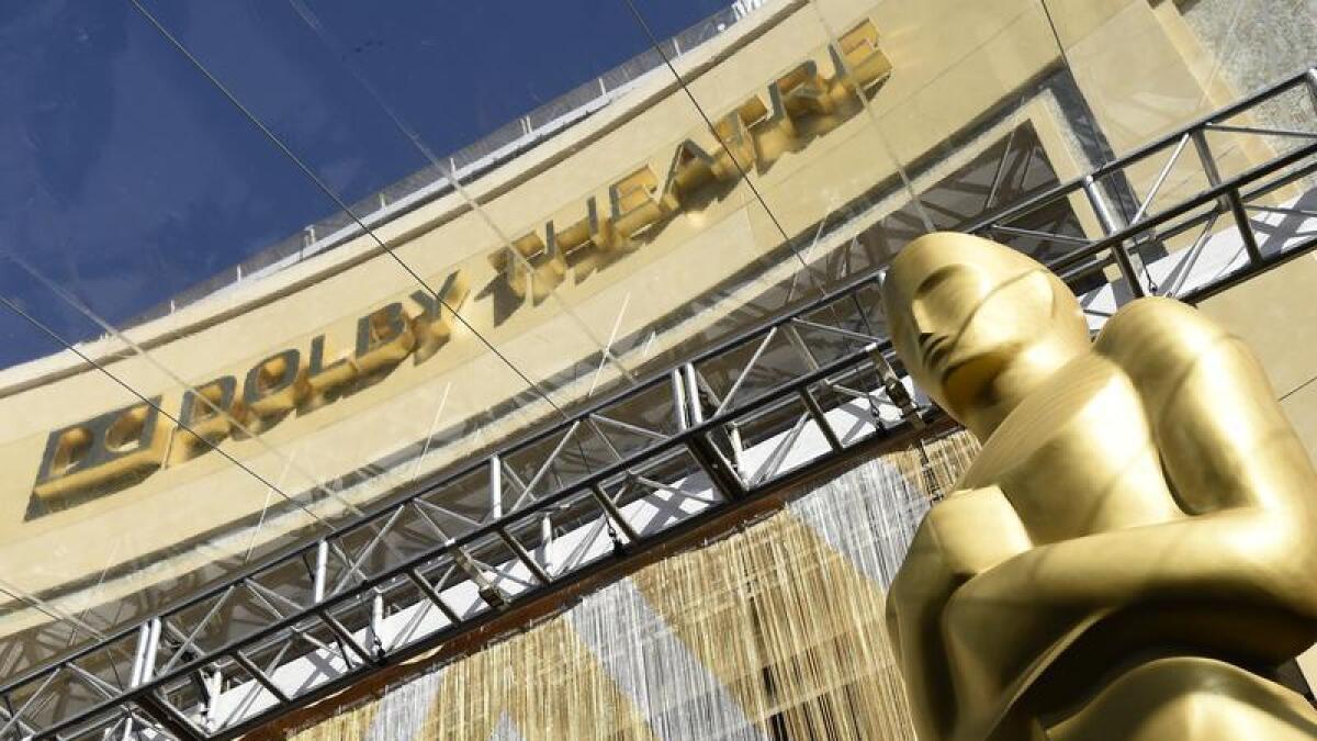 An Oscar statue at the entrance to the Dolby Theatre in Los Angeles.