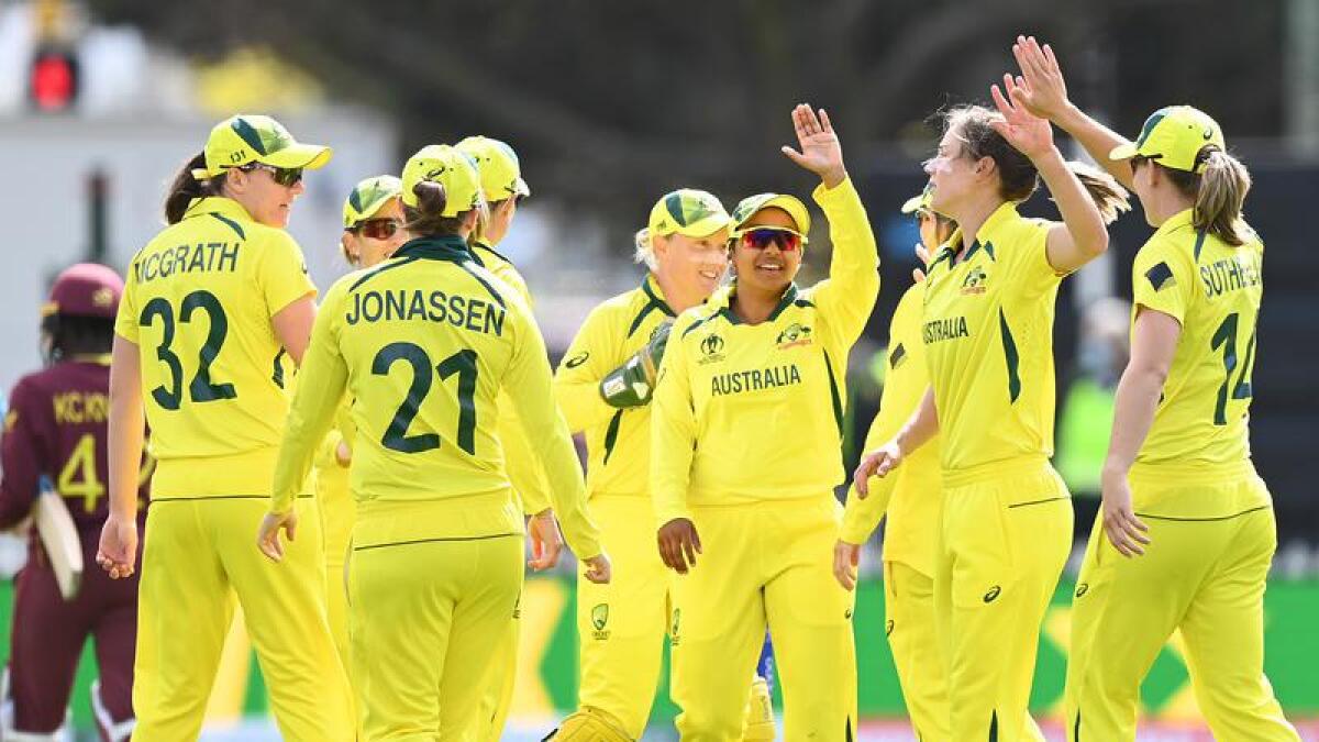 Australia celebrate Ellyse Perry's wicket against West Indies