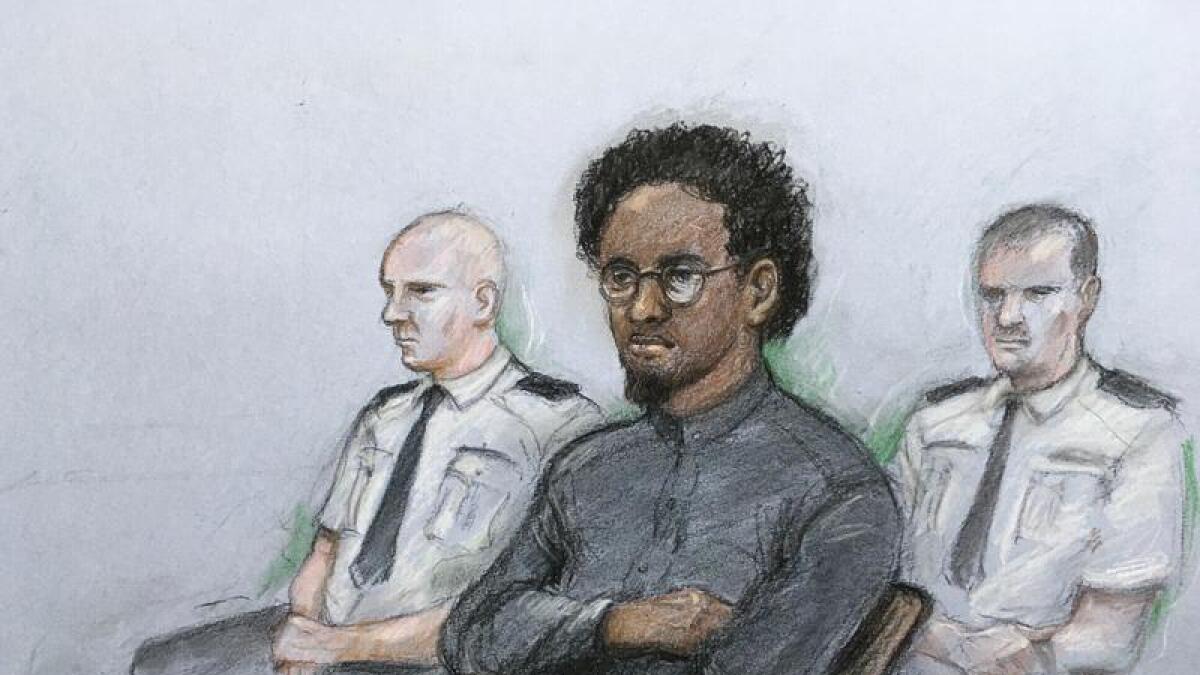 Court artist sketch Ali Harbi Ali in the dock at the Old Bailey.