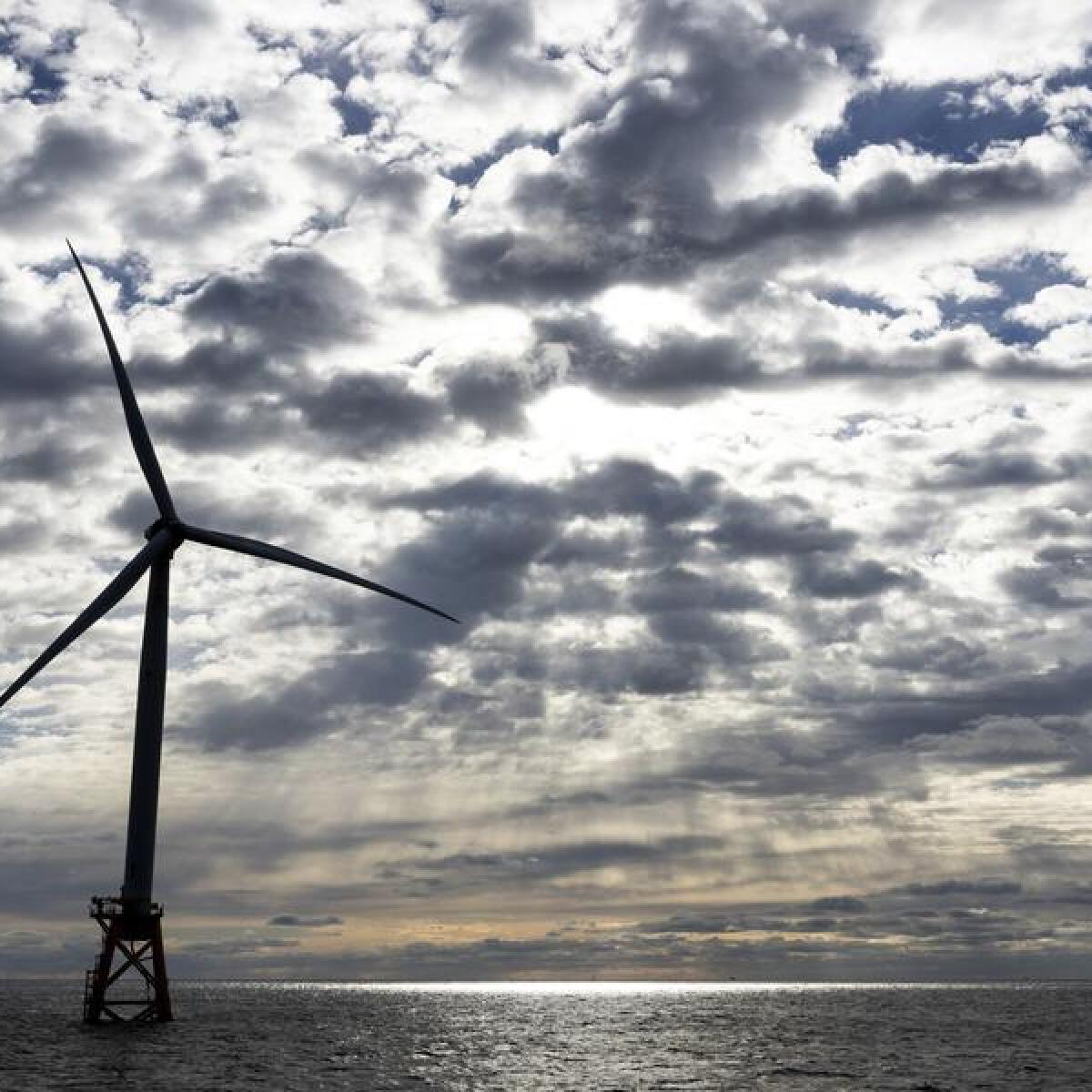 A wind farm turbine off the coast of Rhode Island, USA