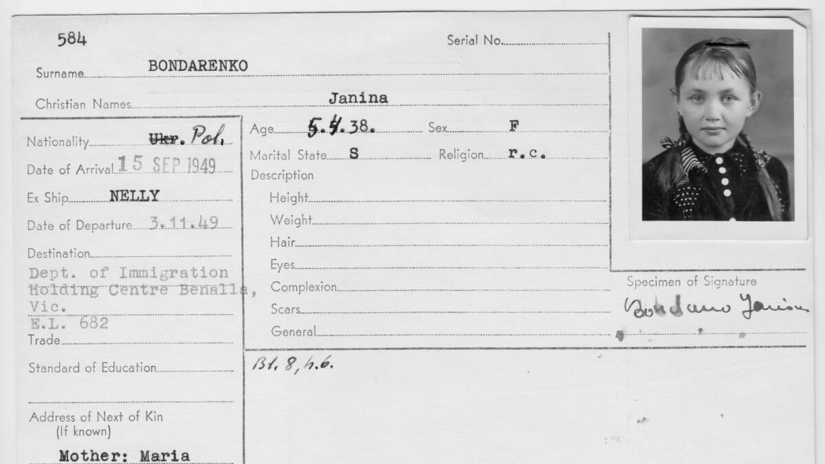 Janina Bondarenko’s Bonegilla Card showing her transferal to Benalla in 1949.