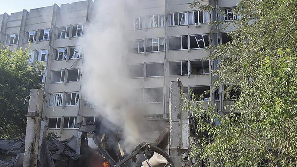 A damaged building after a shelling in Mykolaiv, Ukraine
