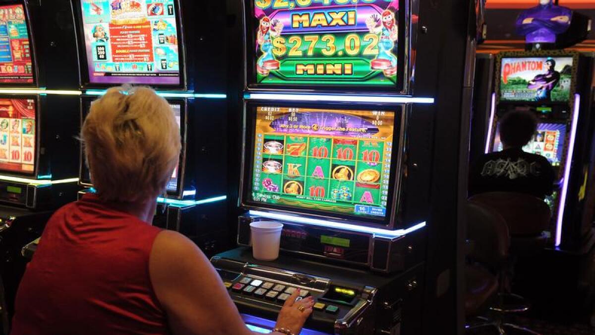 A gambler plays a pokie machine.