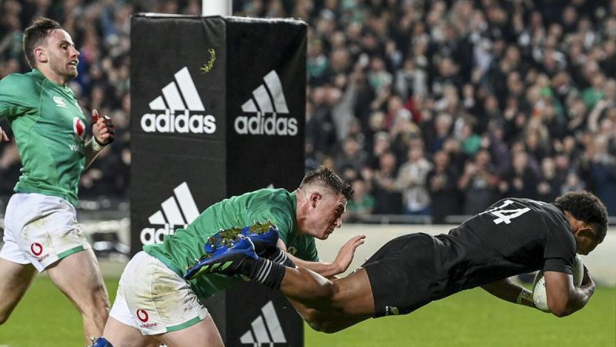 Sevu Reece scores for the All Blacks in their rugby Test win.