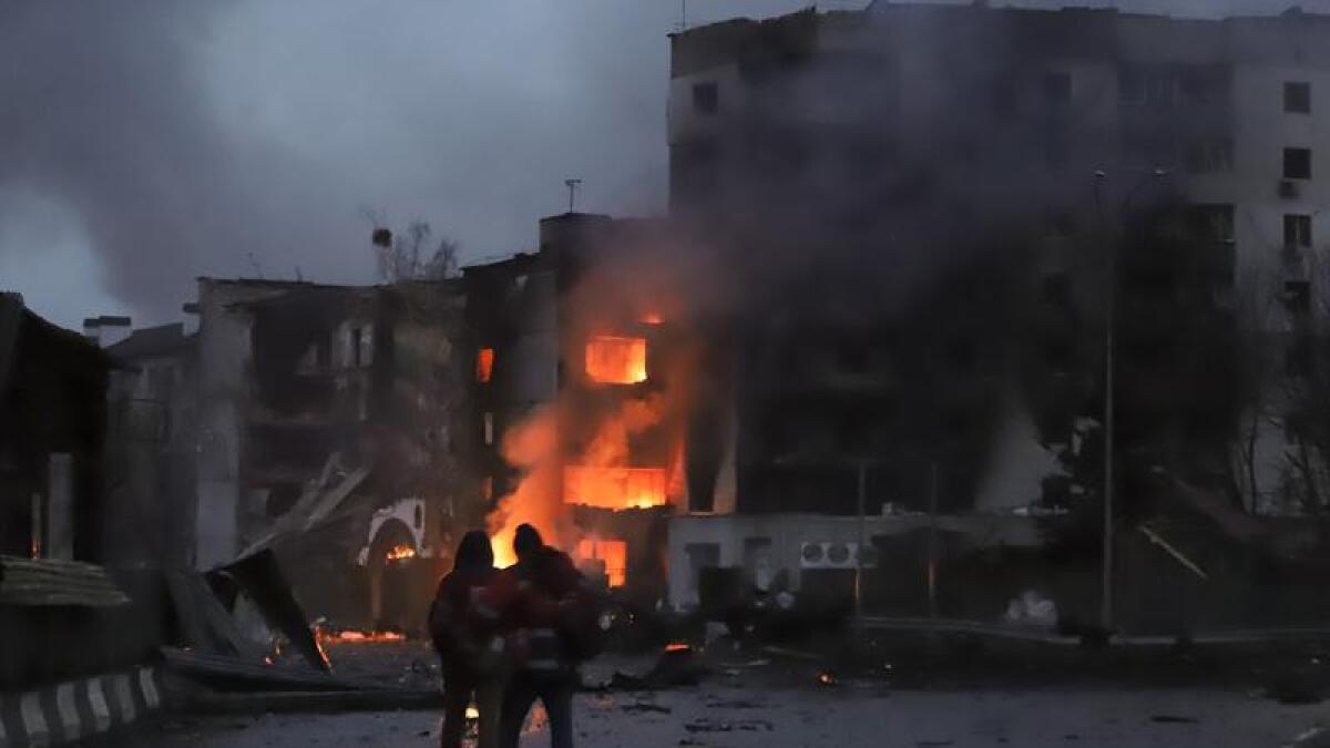 Burning buildings in the city of Borodyanka near Kyiv.