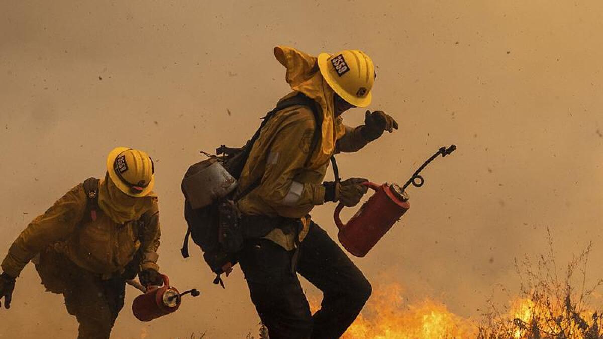 Firefighters battle a wildfire in Amador County, California.