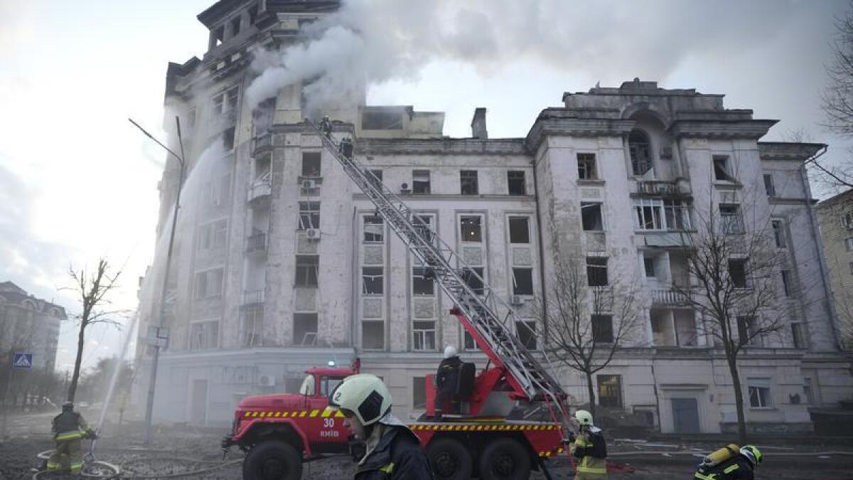 A burning building in Kyiv