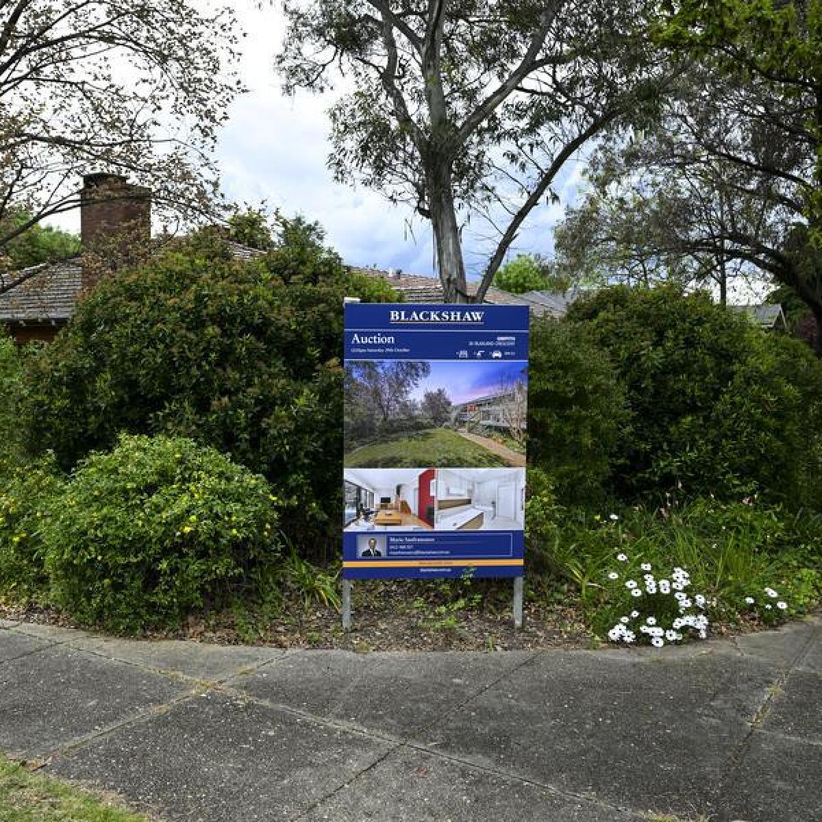 An auction sign in front of a house.