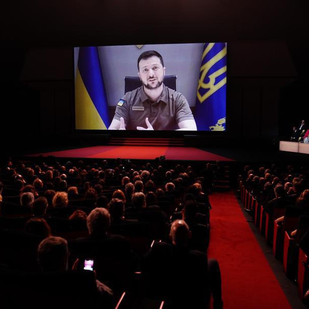 Ukraine's President Volodymyr Zelensky speaks at Cannes festival