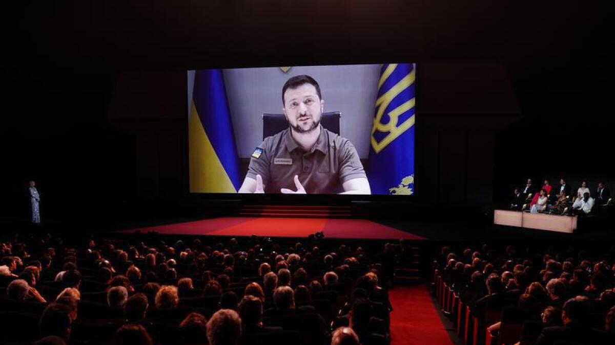 Ukraine's President Volodymyr Zelensky speaks at Cannes festival