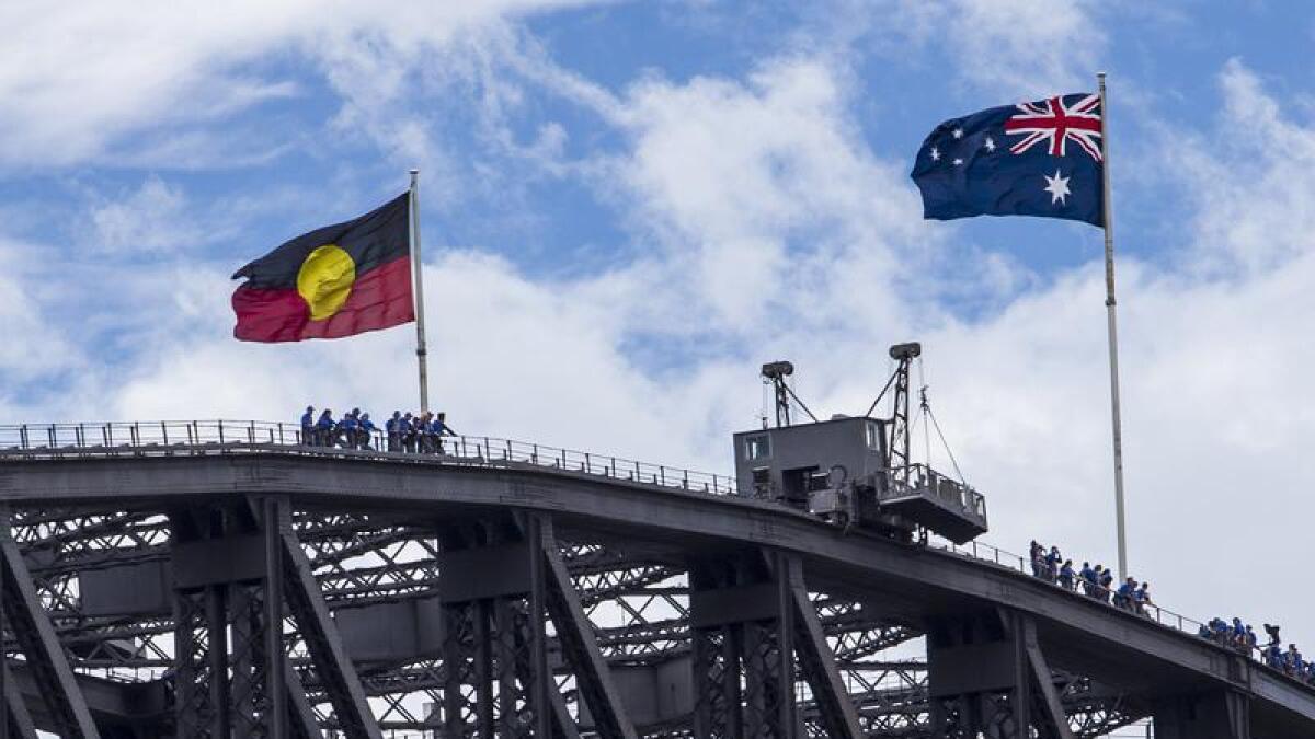 The Australian and Aboriginal flags on the Sydney Harbour Bridge