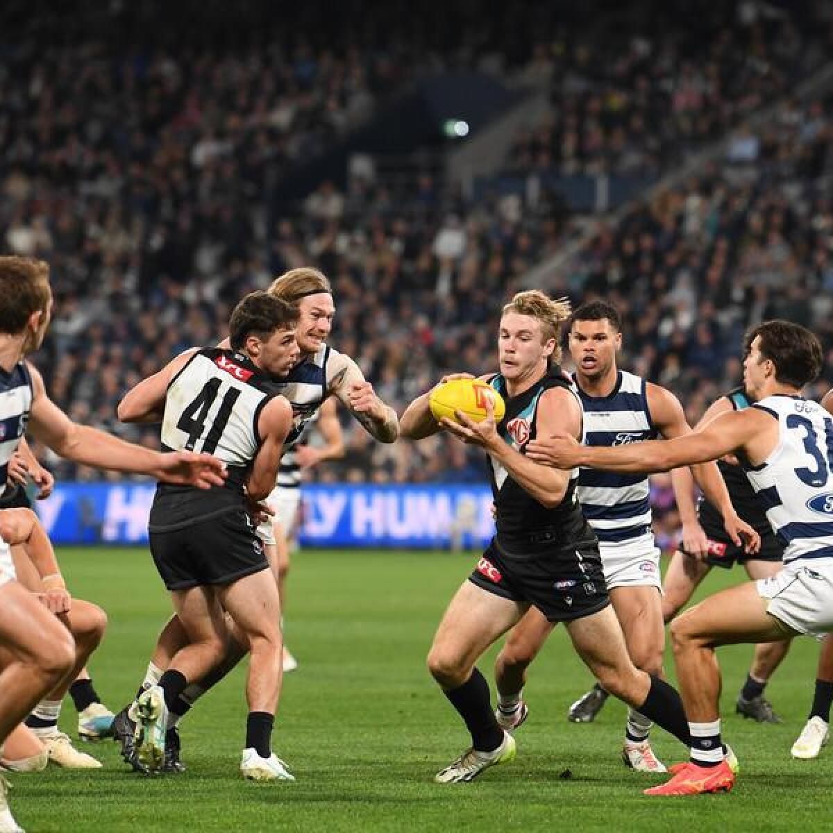Action from Port Adelaide against Geelong. 