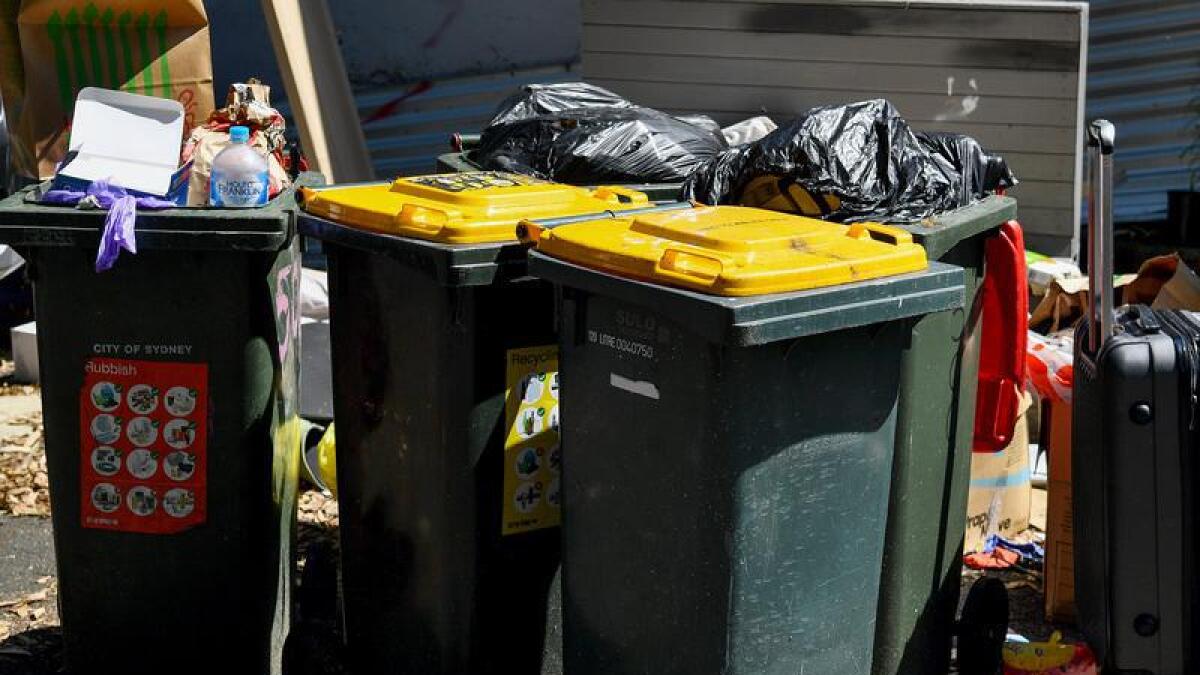 Overflowing household rubbish bins are seen in Newtown
