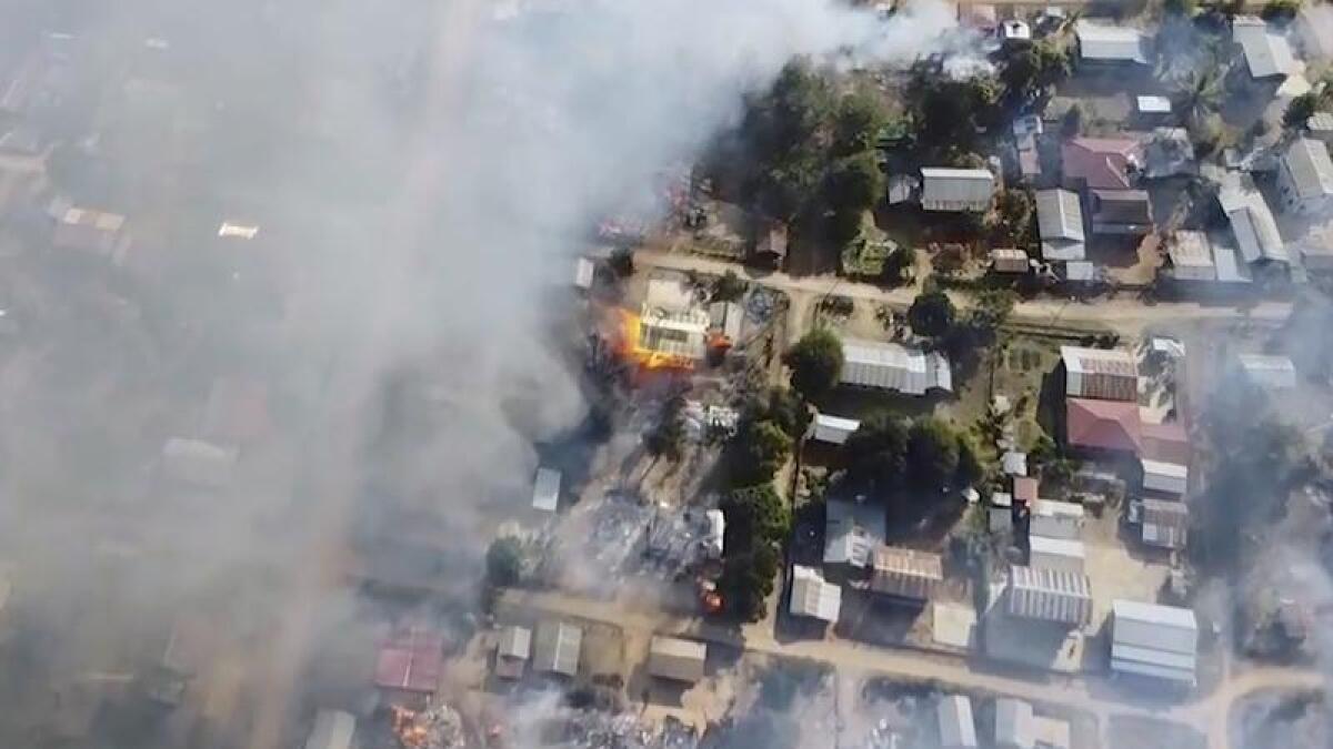 Drone image of burning buildings in Waraisuplia village in Myanmar