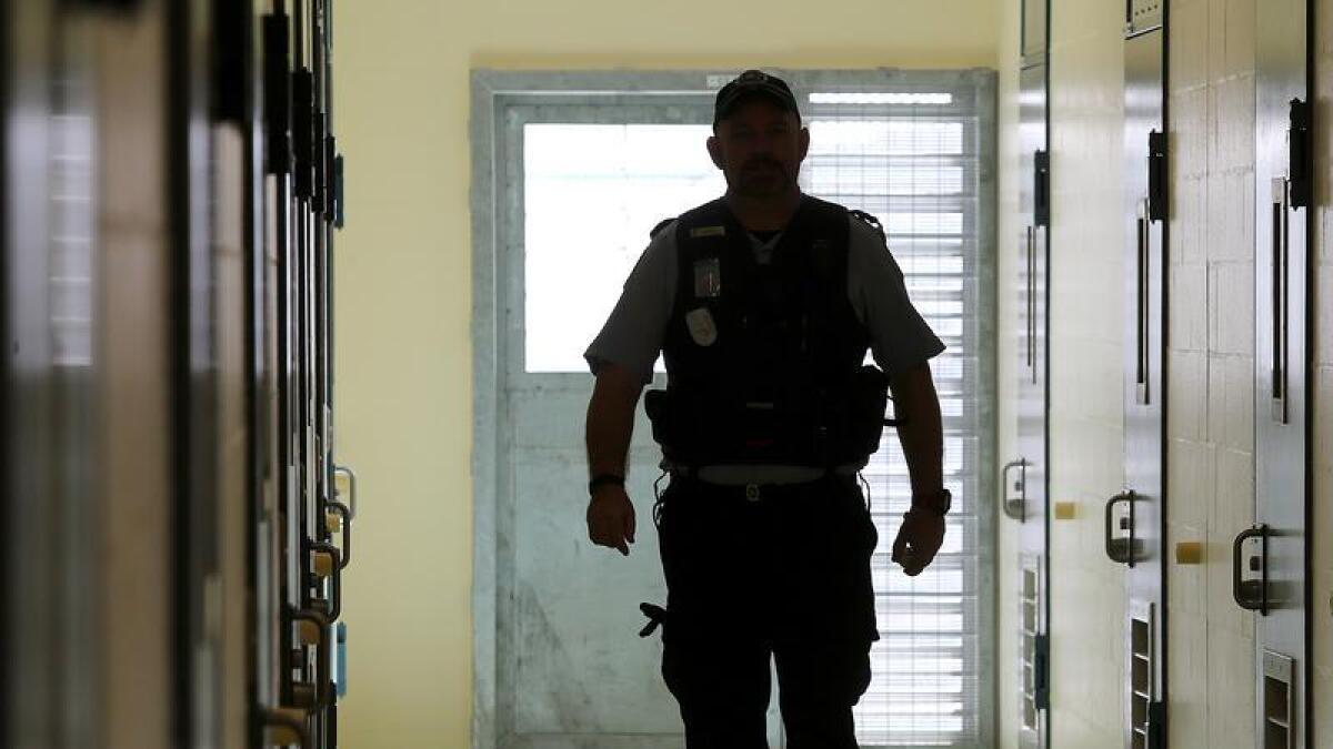 A corrections officer walks down a cell corridor (file image)