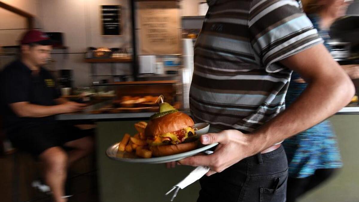 Stock image of an employee serving a plate of food.