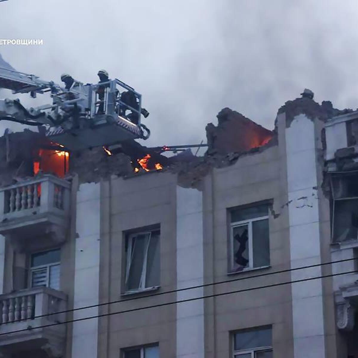 A building damaged after a Russian attack in Dnipro, Ukraine