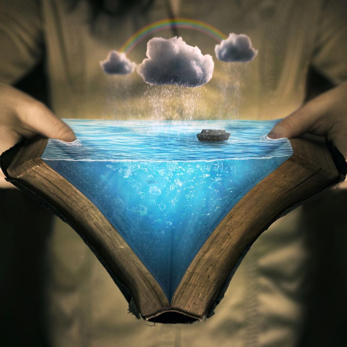 A child holds open a book, which is rendered to appear full of water. A boat with a stormcloud floats on the surface. 