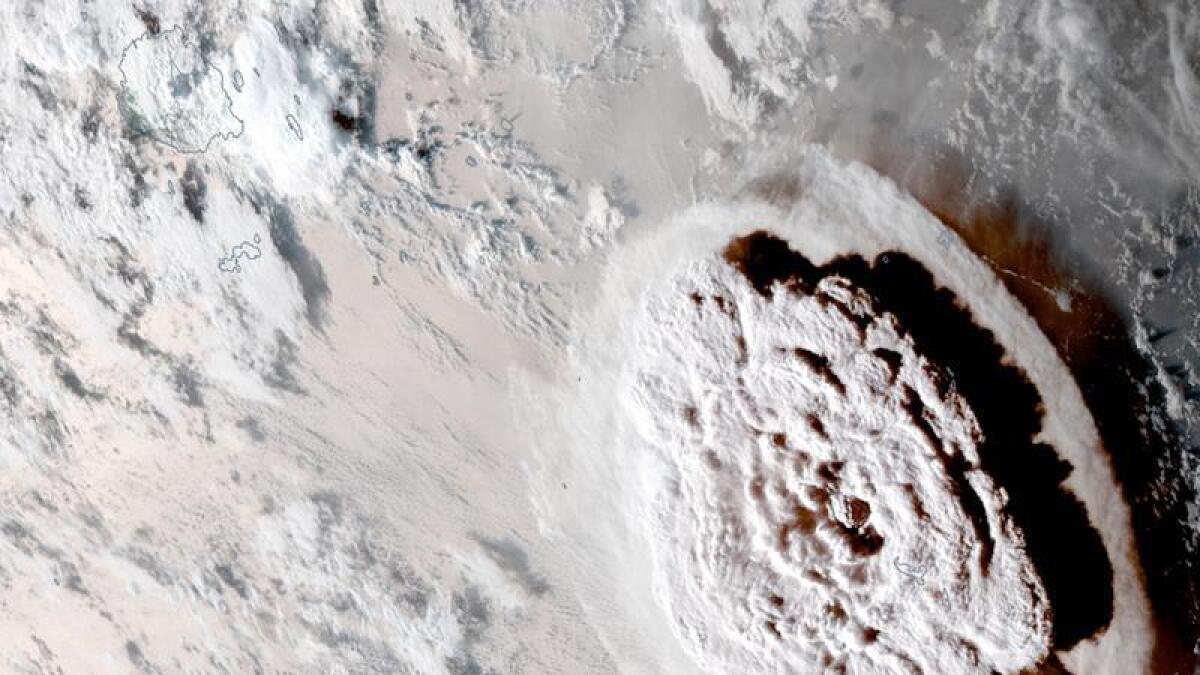 A satellite image of the Hunga Tonga-Hunga Ha'apai volcano