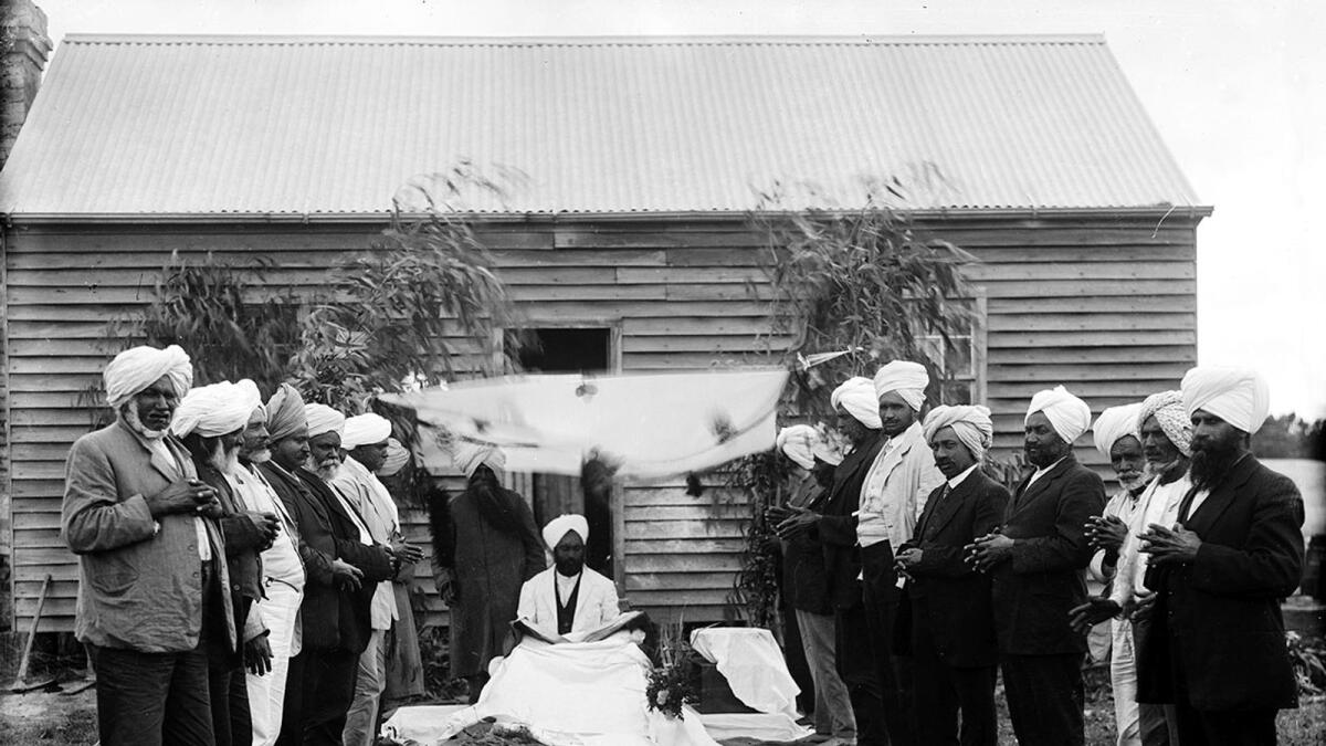 Siva Singh and other local Sikhs at the first reading of the Akhand Path in Australia on a property near Baddaginnie.