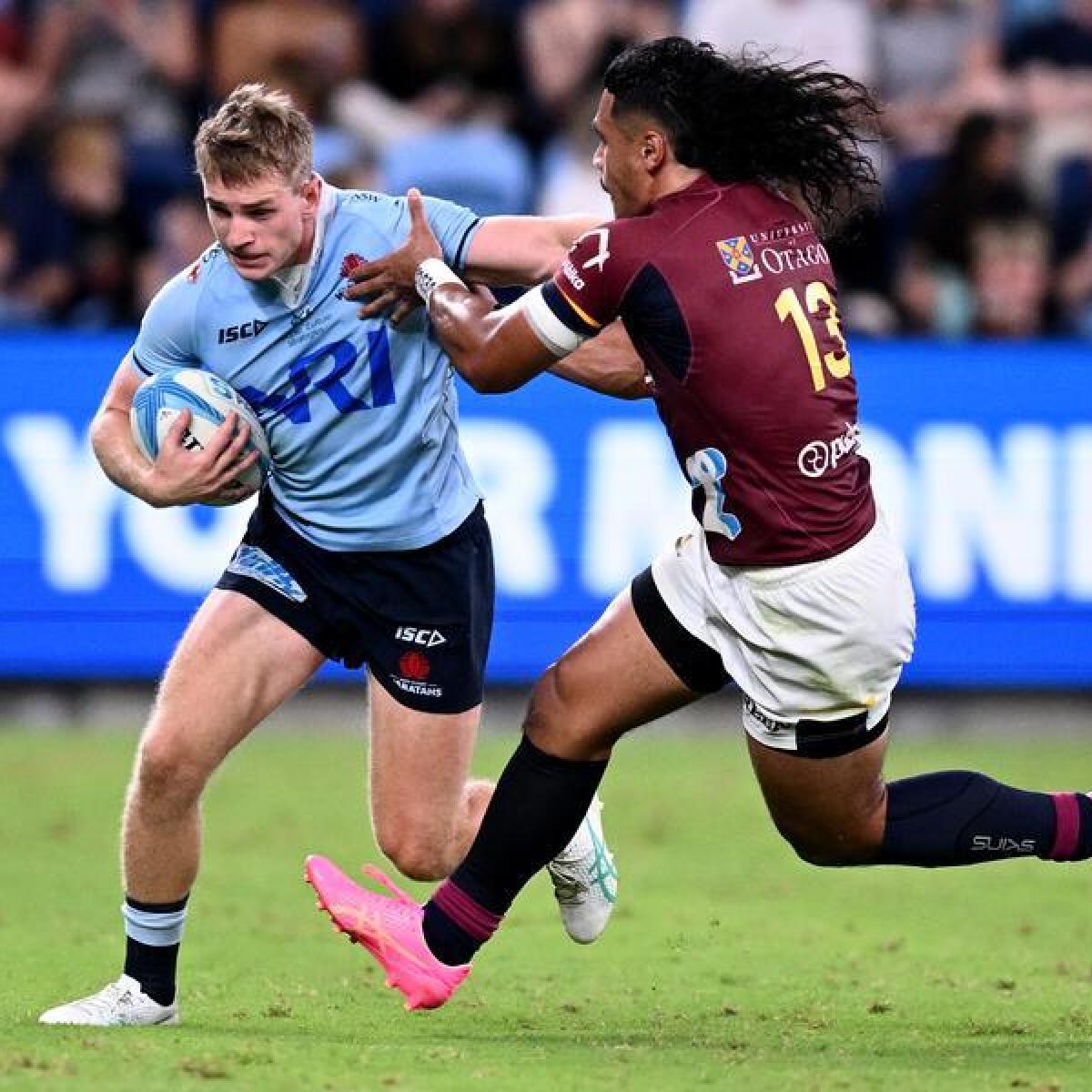 Max Jorgensen on the ball for the Waratahs against the Highlanders.