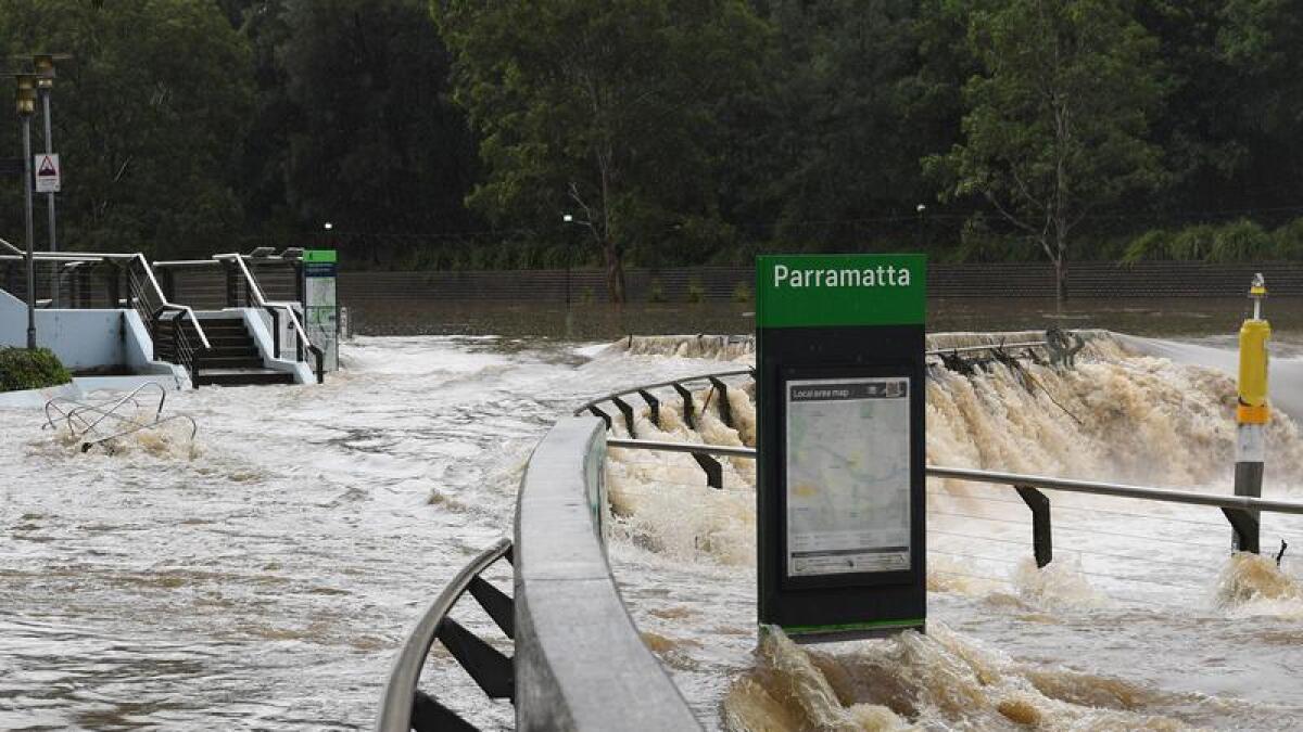 Floodwaters at the Parramatta ferry jetty