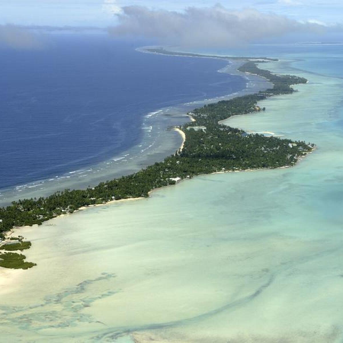Aerial view of Taraw atoll, Kiribati.