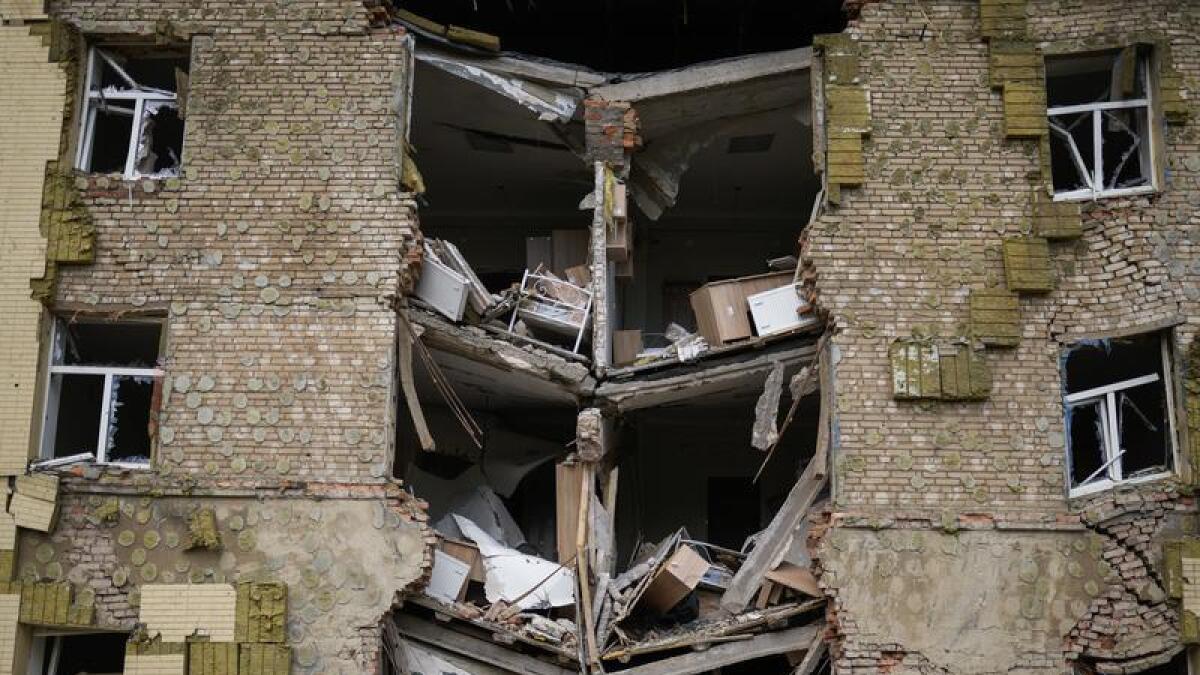 A bombed building in Ukraine