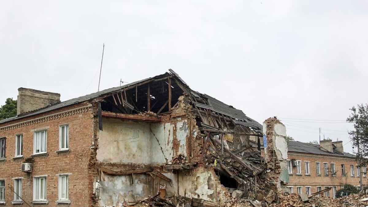 A damaged building in the Kharkiv area of Ukraine